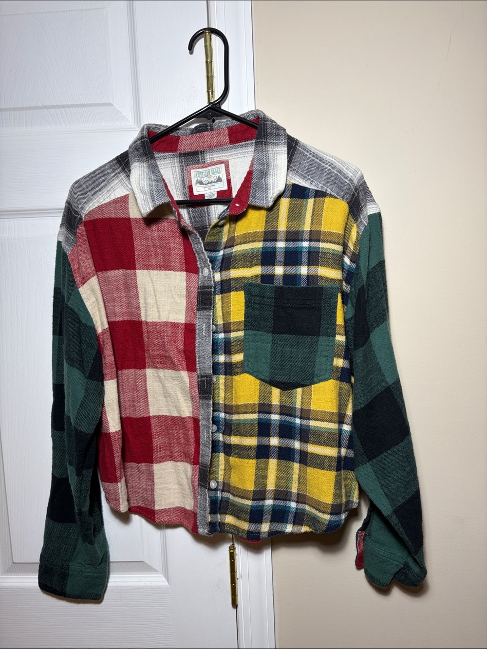 American Eagle distressed Patchwork Plaid Button-Up Shirt in Red, Yellow & Green